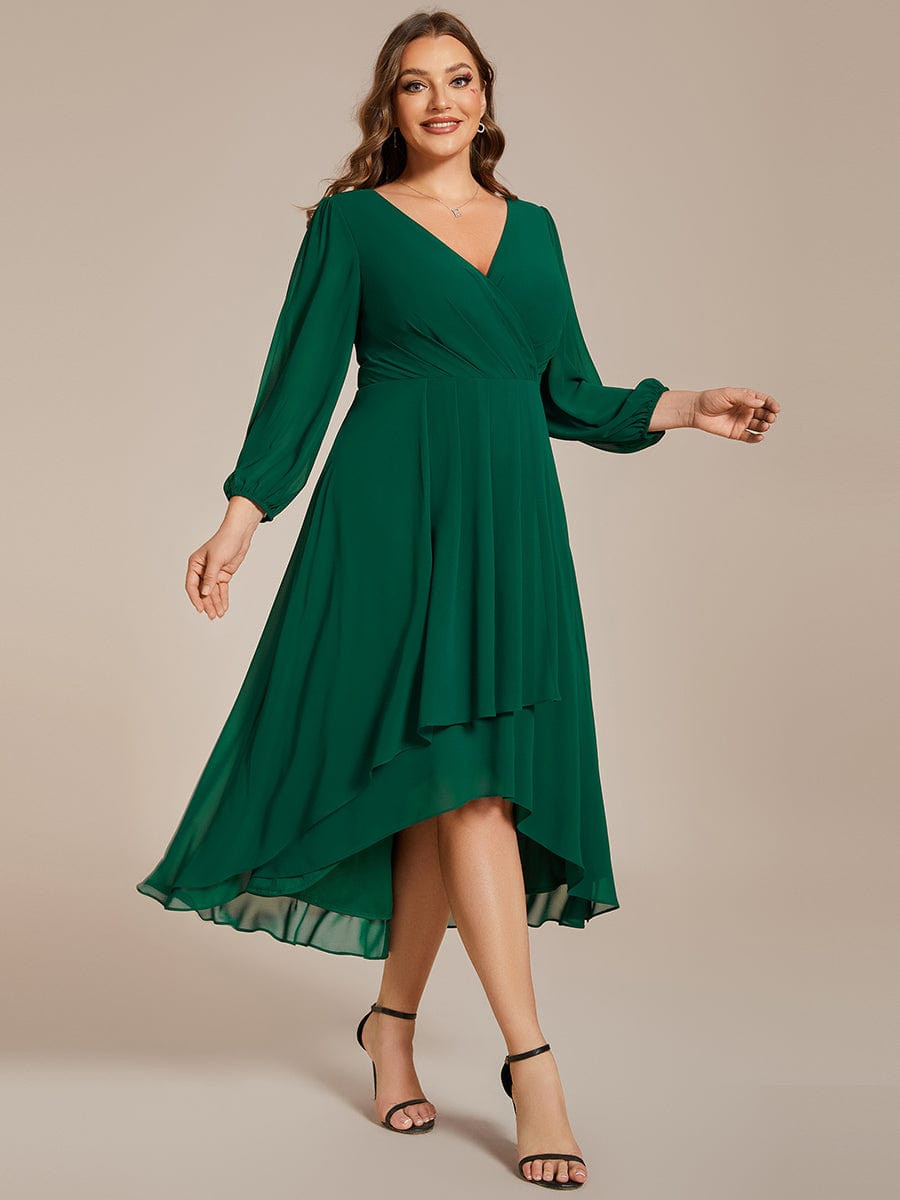 Plus Size Chiffon A-Line Long Sleeves Asymmetrical Hem Wedding Guest Dress #color_Dark Green