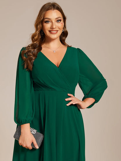 Plus Size Chiffon A-Line Long Sleeves Asymmetrical Hem Wedding Guest Dress #color_Dark Green