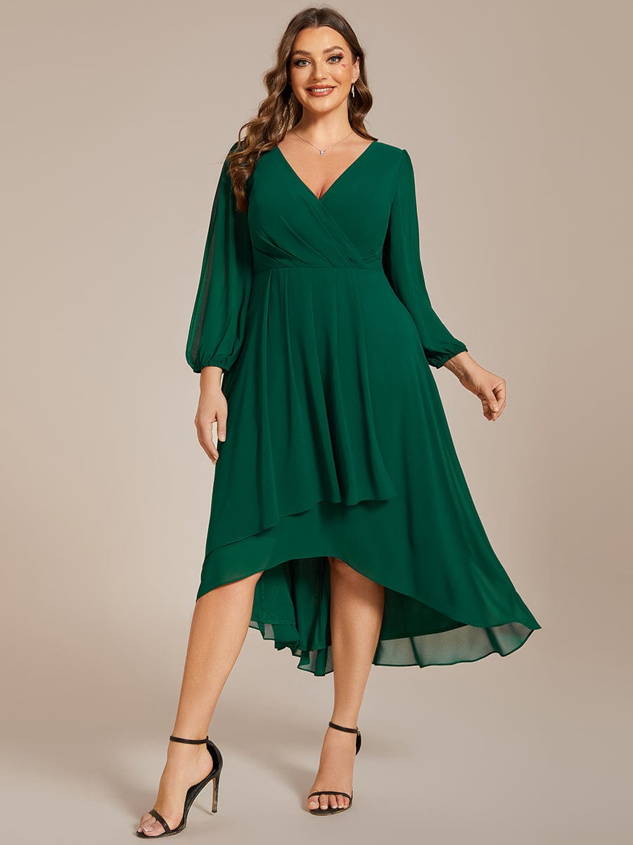 Plus Size Chiffon A-Line Long Sleeves Asymmetrical Hem Wedding Guest Dress #color_Dark Green