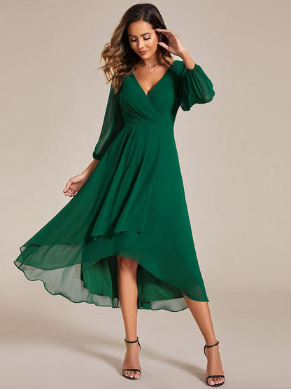 Long Sleeves Asymmetrical Hem A-Line Midi Wedding Guest Dress #color_Dark Green