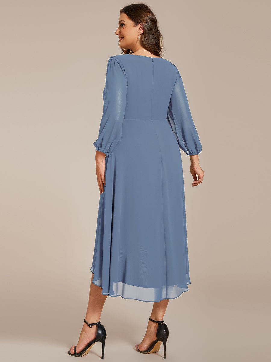 Plus Size Chiffon A-Line Long Sleeves Asymmetrical Hem Wedding Guest Dress #color_Dusty Navy