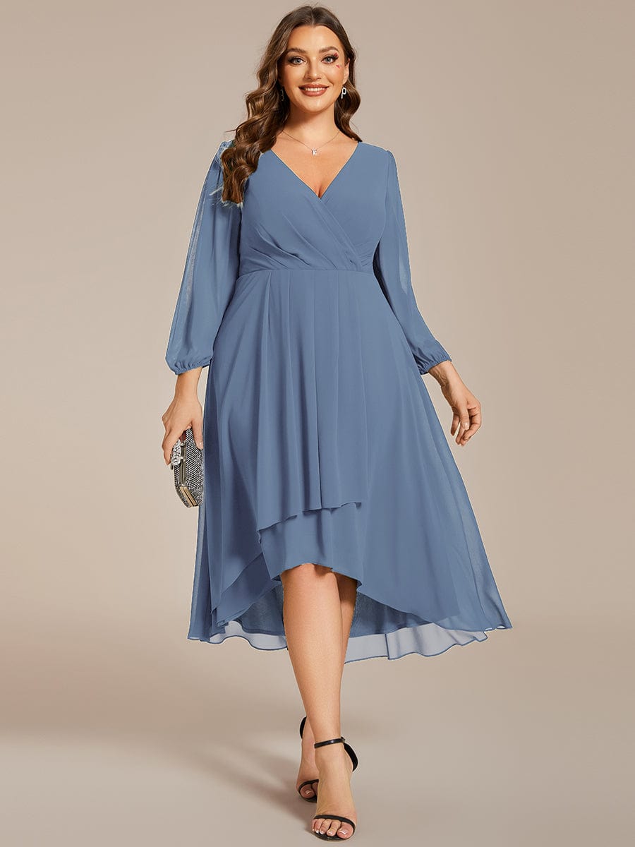 Plus Size Chiffon A-Line Long Sleeves Asymmetrical Hem Wedding Guest Dress #color_Dusty Navy