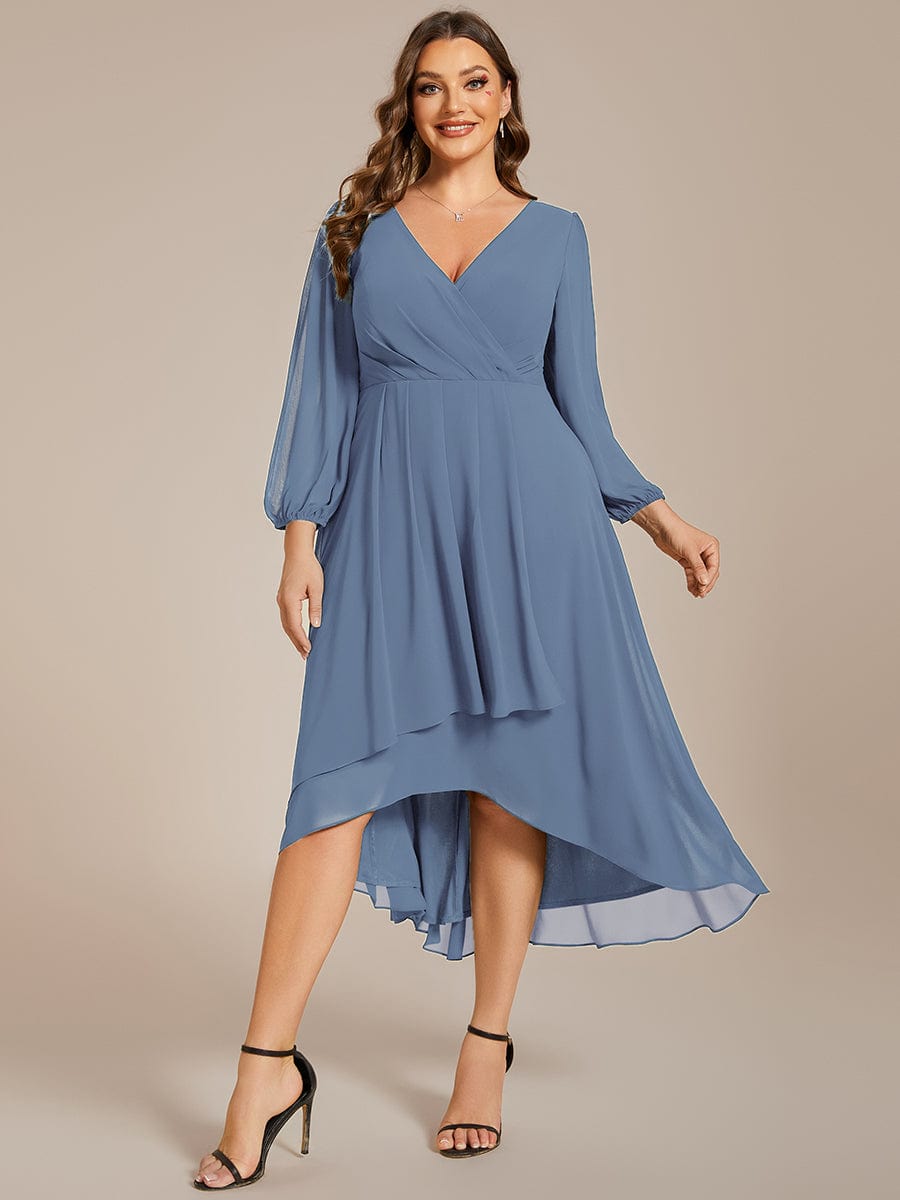 Plus Size Chiffon A-Line Long Sleeves Asymmetrical Hem Wedding Guest Dress #color_Dusty Navy