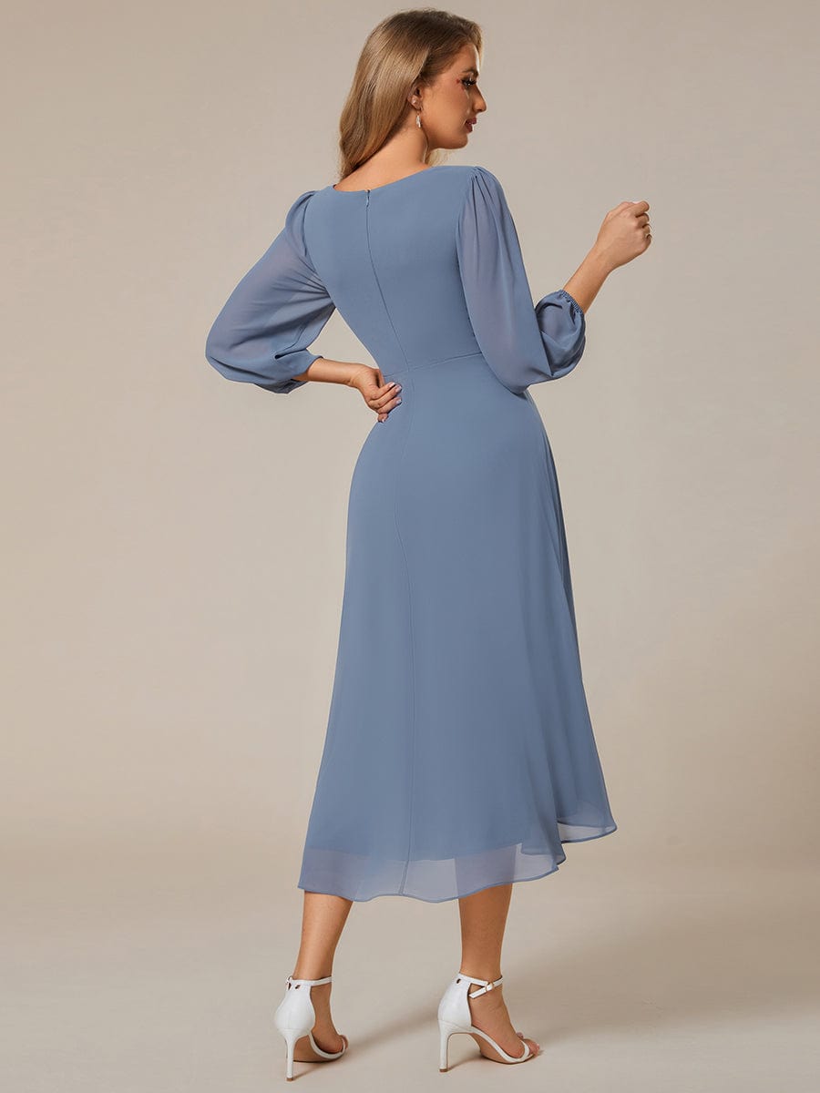 Long Sleeves Asymmetrical Hem A-Line Midi Wedding Guest Dress #color_Dusty Navy