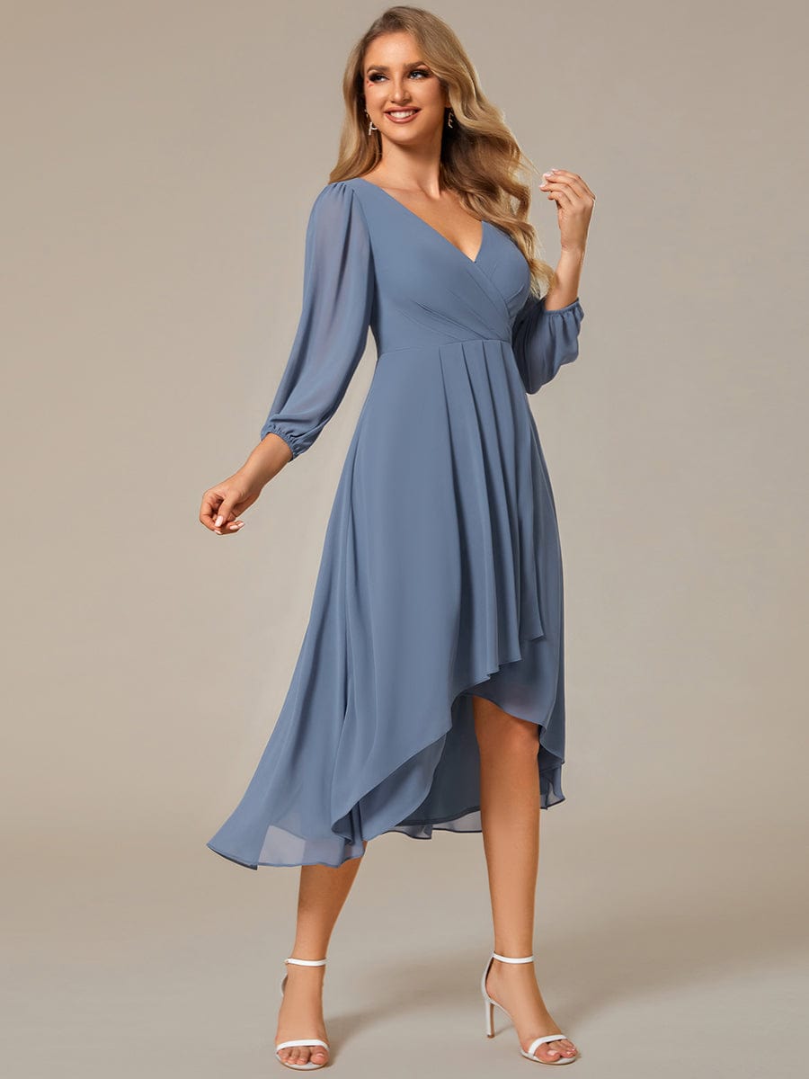 Long Sleeves Asymmetrical Hem A-Line Midi Wedding Guest Dress #color_Dusty Navy