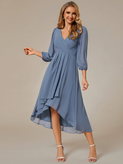 Long Sleeves Asymmetrical Hem A-Line Midi Wedding Guest Dress #color_Dusty Navy