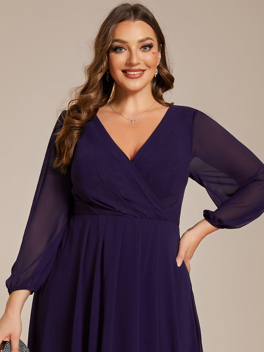 Long Sleeves Asymmetrical Hem A-Line Midi Wedding Guest Dress #color_Dark Purple