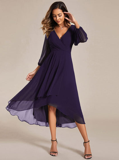 Long Sleeves Asymmetrical Hem A-Line Midi Wedding Guest Dress #color_Dark Purple