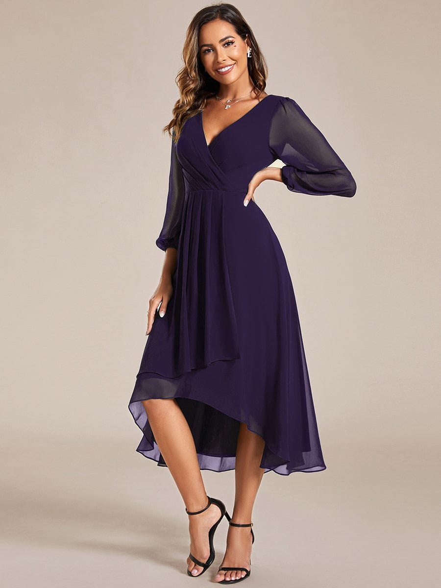 Long Sleeves Asymmetrical Hem A-Line Midi Wedding Guest Dress #color_Dark Purple