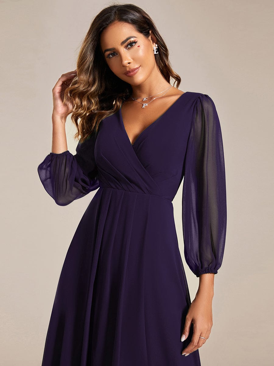 Long Sleeves Asymmetrical Hem A-Line Midi Wedding Guest Dress #color_Dark Purple