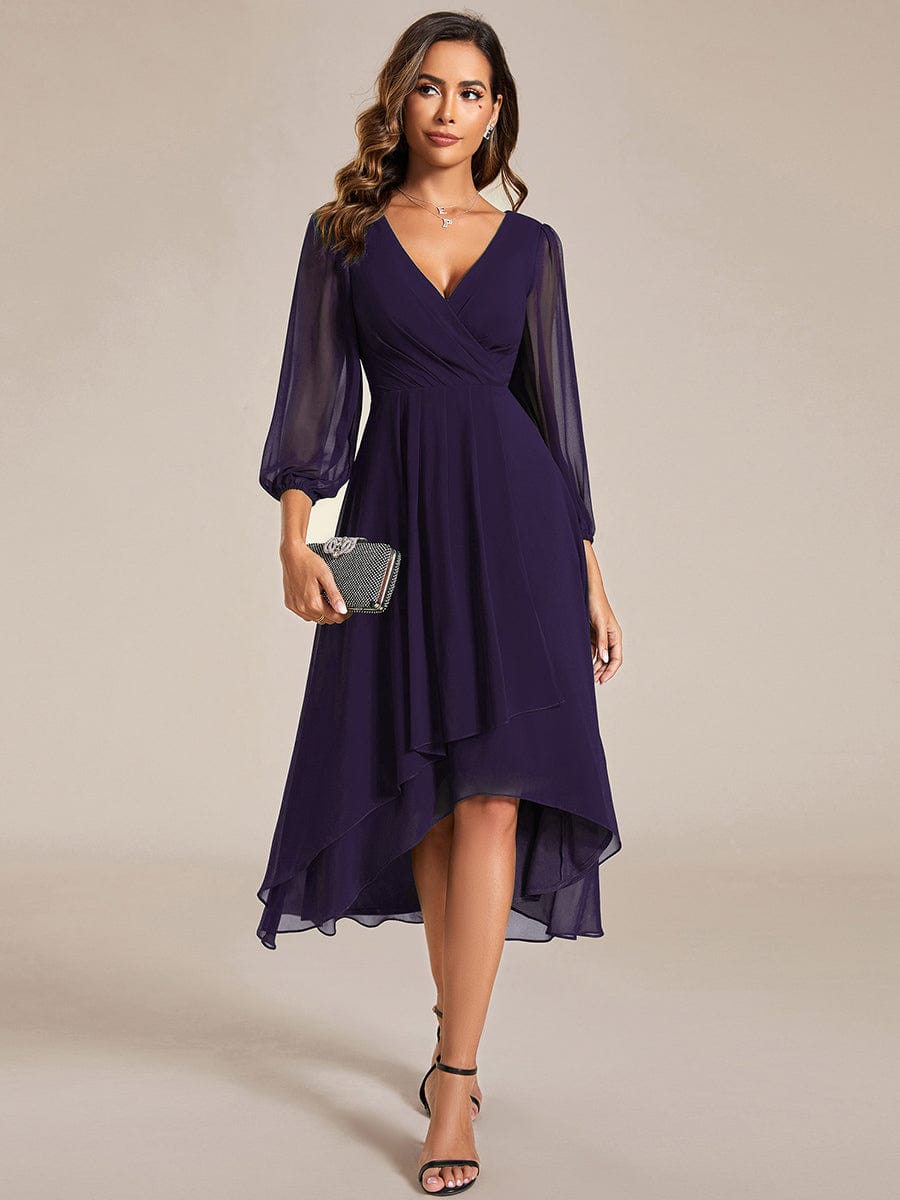 Long Sleeves Asymmetrical Hem A-Line Midi Wedding Guest Dress #color_Dark Purple