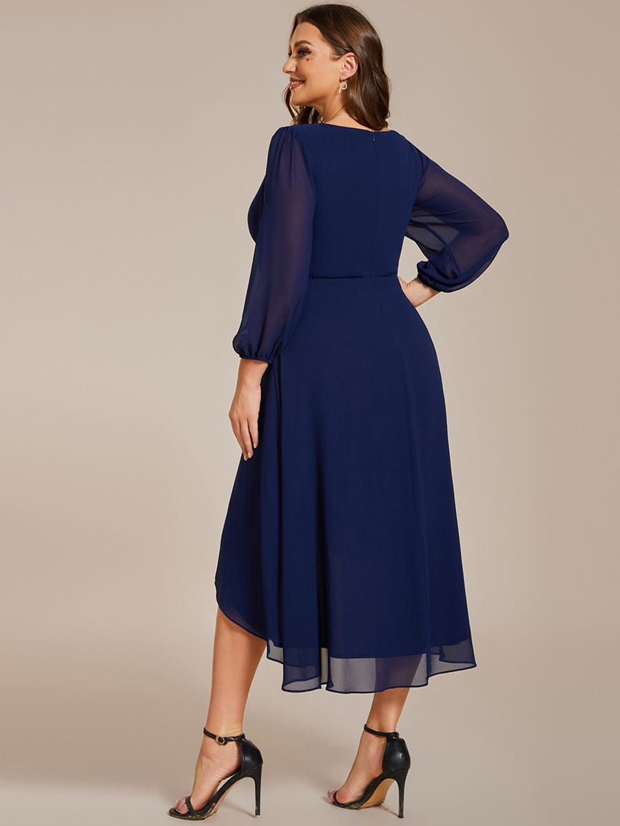 Plus Size Chiffon A-Line Long Sleeves Asymmetrical Hem Wedding Guest Dress #color_Navy Blue