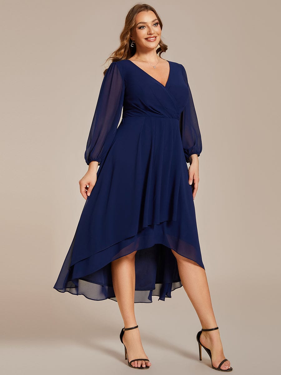 Plus Size Chiffon A-Line Long Sleeves Asymmetrical Hem Wedding Guest Dress #color_Navy Blue