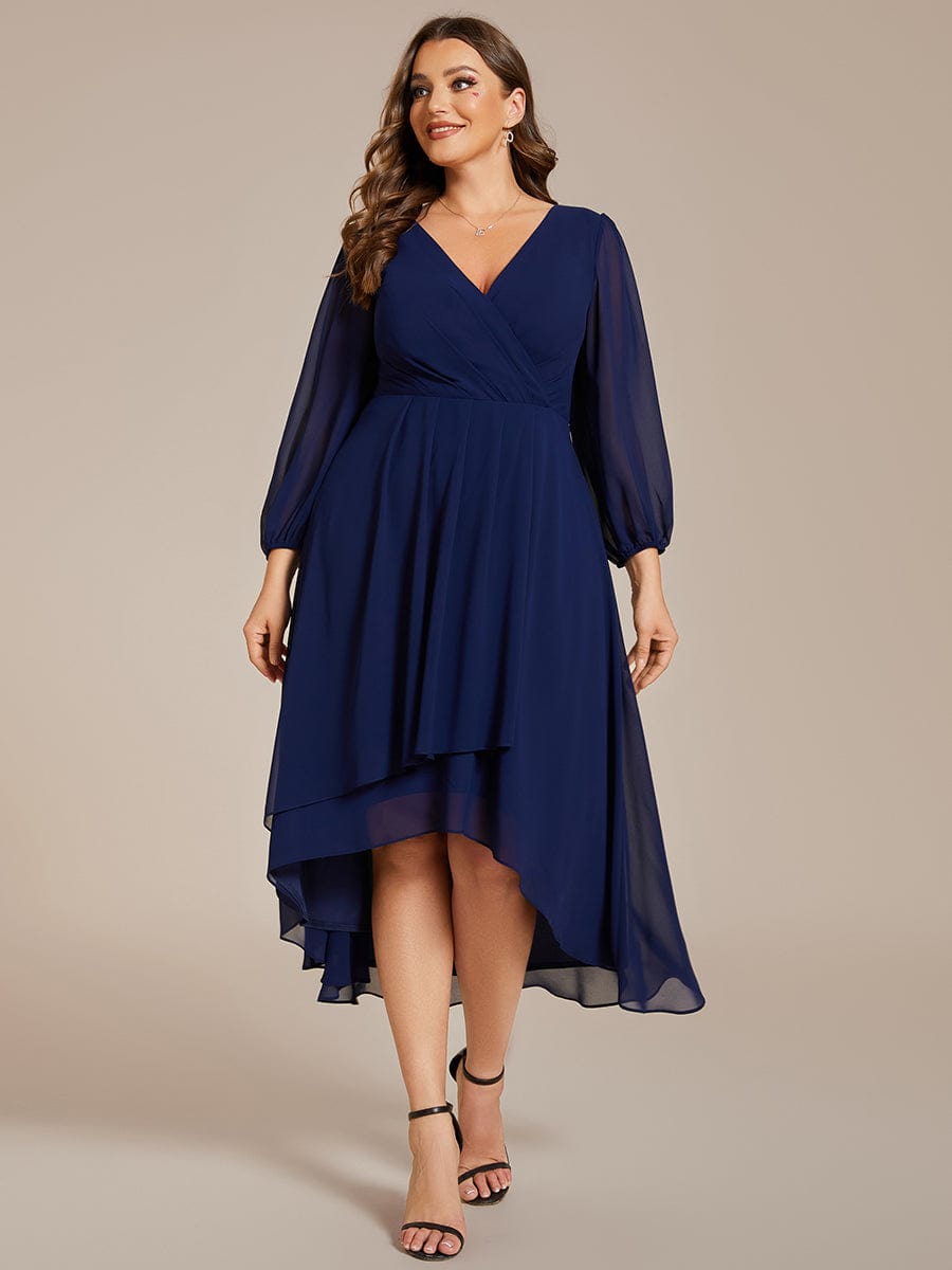 Plus Size Chiffon A-Line Long Sleeves Asymmetrical Hem Wedding Guest Dress #color_Navy Blue