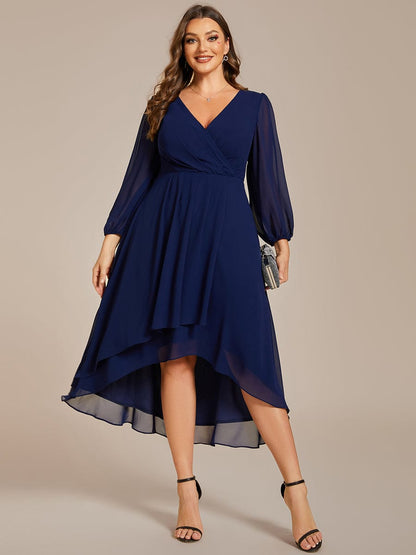 Plus Size Chiffon A-Line Long Sleeves Asymmetrical Hem Wedding Guest Dress #color_Navy Blue