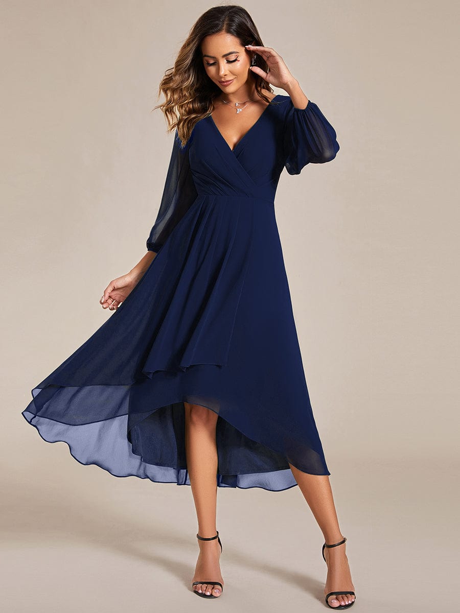 Long Sleeves Asymmetrical Hem A-Line Midi Wedding Guest Dress #color_Navy Blue