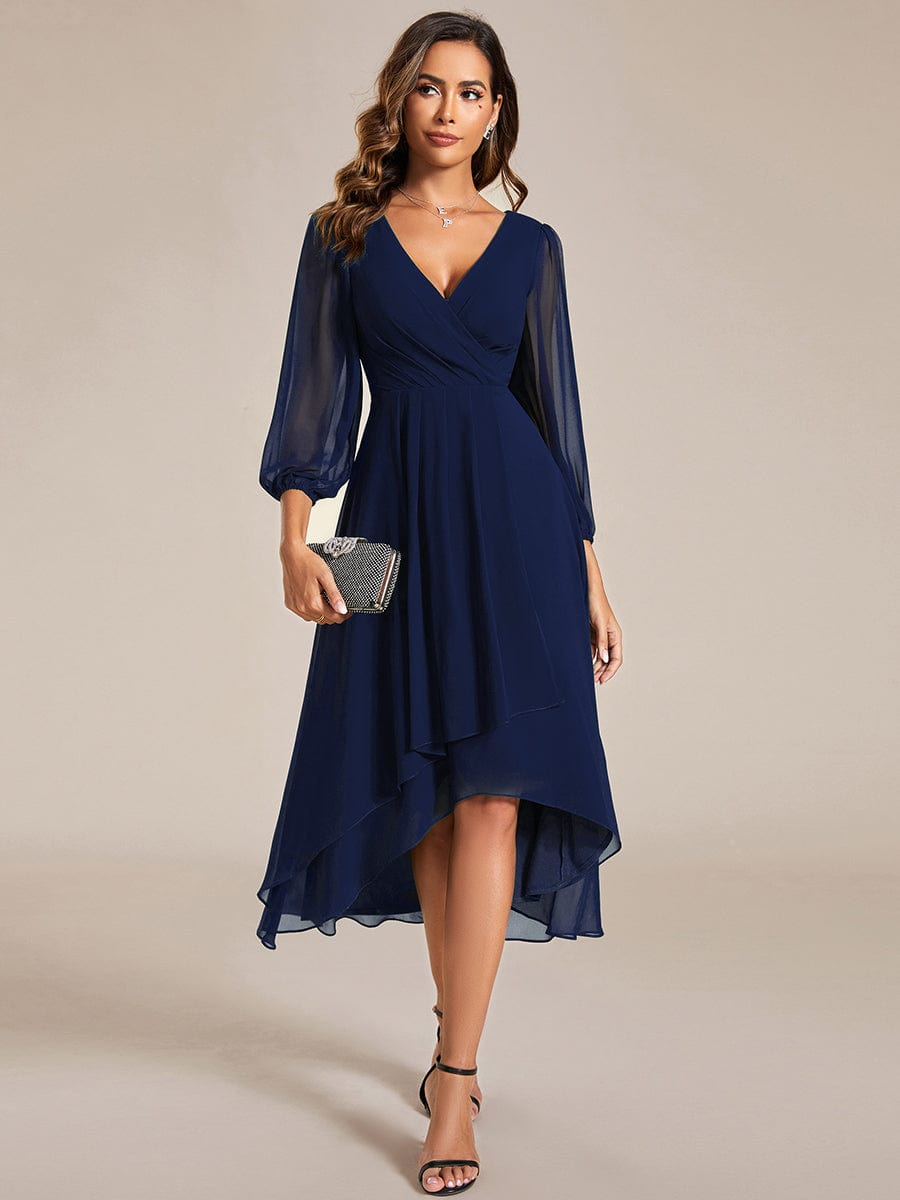 Long Sleeves Asymmetrical Hem A-Line Midi Wedding Guest Dress #color_Navy Blue