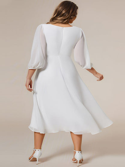 Long Sleeves Asymmetrical Hem A-Line Midi Wedding Guest Dress #color_White