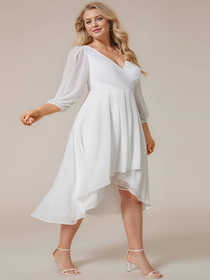 Plus Size Chiffon A-Line Long Sleeves Asymmetrical Hem Wedding Guest Dress #color_White