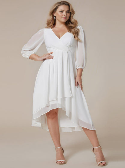 Long Sleeves Asymmetrical Hem A-Line Midi Wedding Guest Dress #color_White