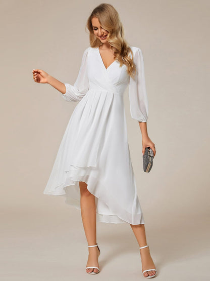 Long Sleeves Asymmetrical Hem A-Line Midi Wedding Guest Dress #color_White