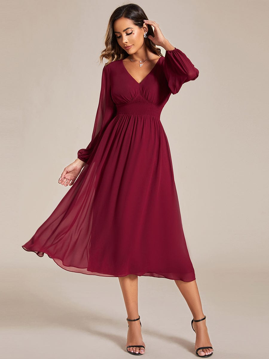 Chiffon V-Neck Long Sleeves Elastic Band Midi Wedding Guest Dress #color_Burgundy