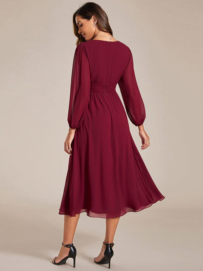 Chiffon V-Neck Long Sleeves Elastic Band Midi Wedding Guest Dress #color_Burgundy