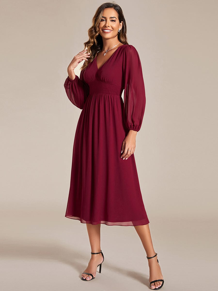 Chiffon V-Neck Long Sleeves Elastic Band Midi Wedding Guest Dress #color_Burgundy