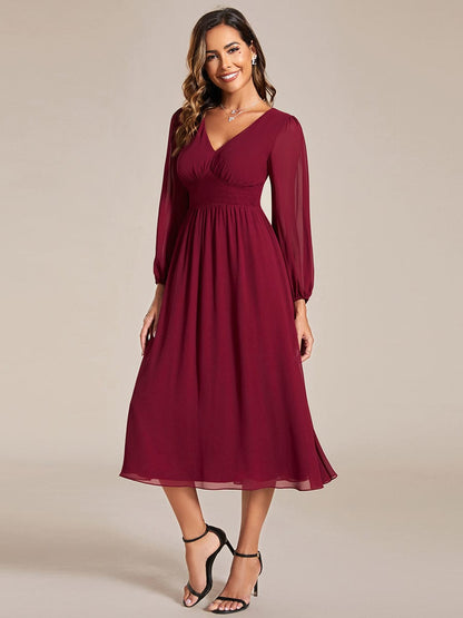 Chiffon V-Neck Long Sleeves Elastic Band Midi Wedding Guest Dress #color_Burgundy