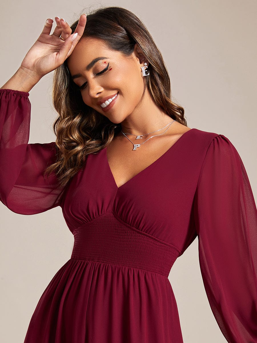 Chiffon V-Neck Long Sleeves Elastic Band Midi Wedding Guest Dress #color_Burgundy