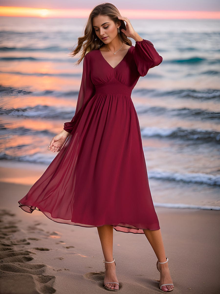 Chiffon V-Neck Long Sleeves Elastic Band Midi Wedding Guest Dress #color_Burgundy