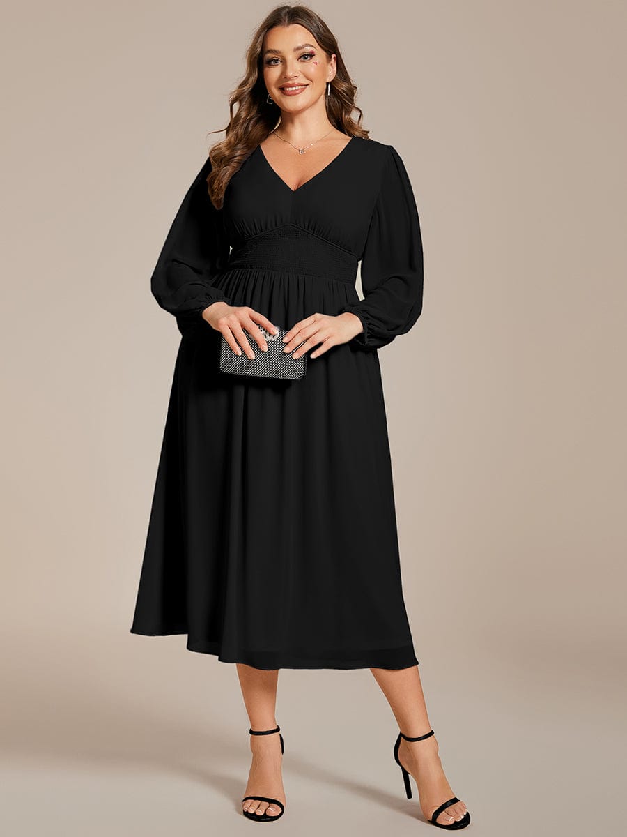 Plus Size Flowy Long Sleeves V-Neck Midi Chiffon Wedding Guest Dress #color_Black