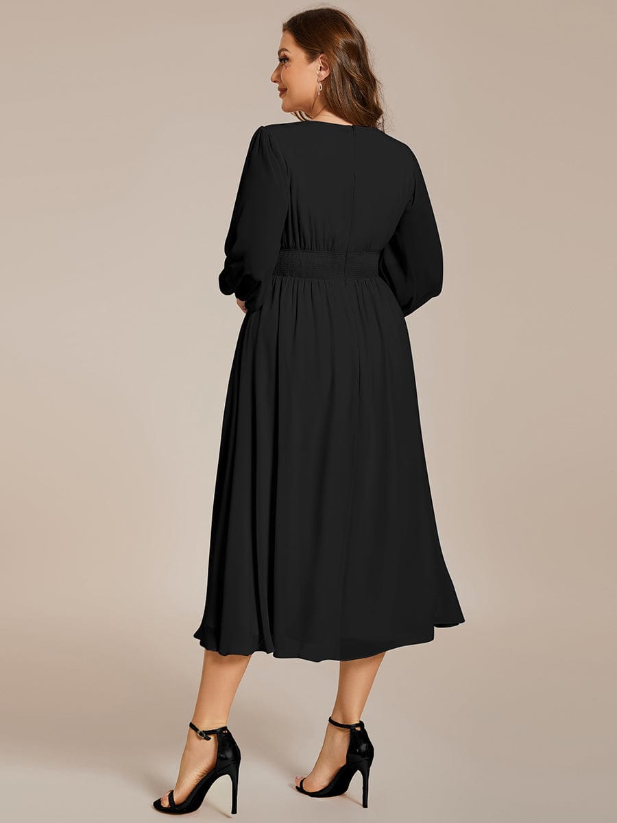 Chiffon V-Neck Long Sleeves Elastic Band Midi Wedding Guest Dress #color_Black