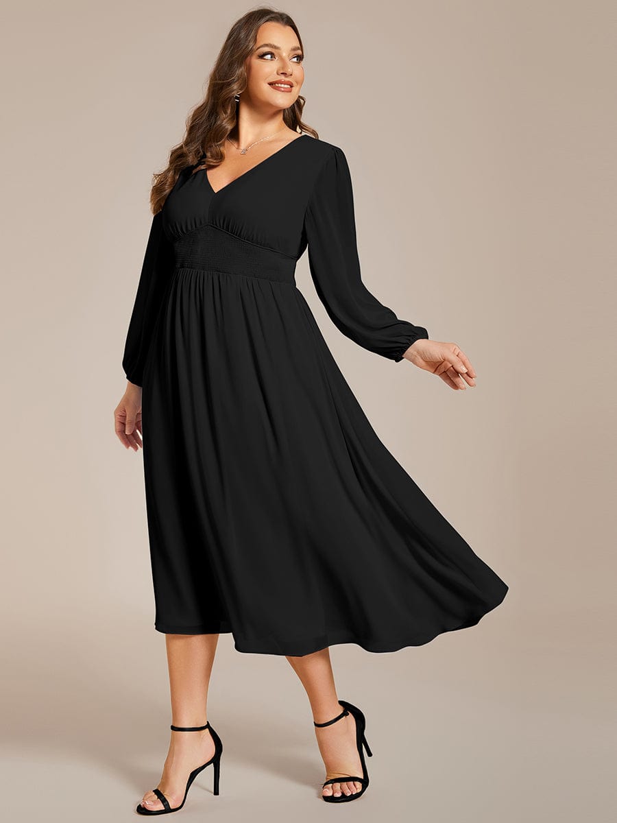 Plus Size Flowy Long Sleeves V-Neck Midi Chiffon Wedding Guest Dress #color_Black