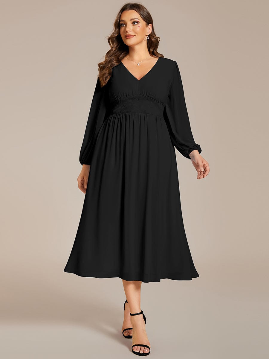 Chiffon V-Neck Long Sleeves Elastic Band Midi Wedding Guest Dress #color_Black