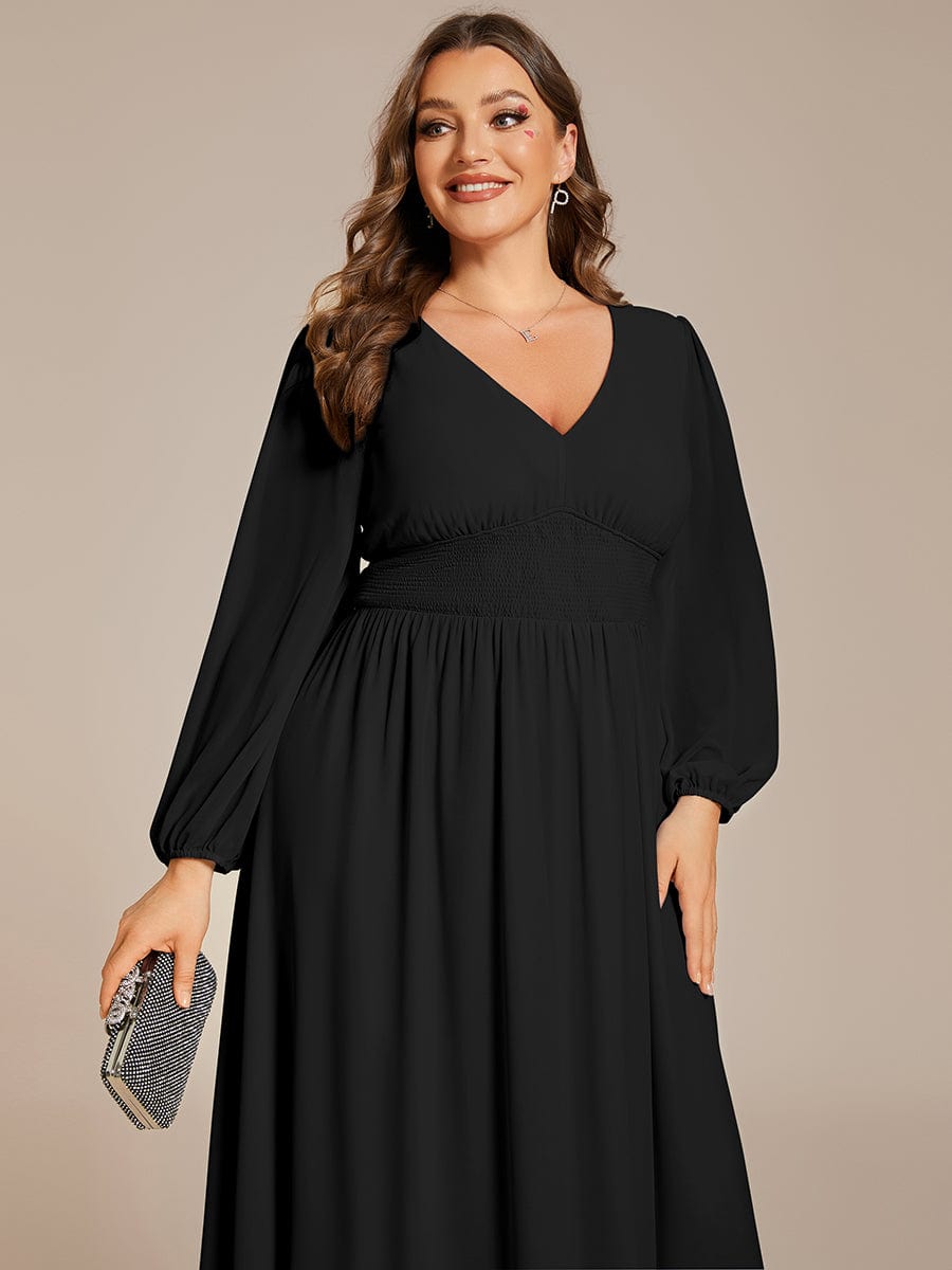 Chiffon V-Neck Long Sleeves Elastic Band Midi Wedding Guest Dress #color_Black