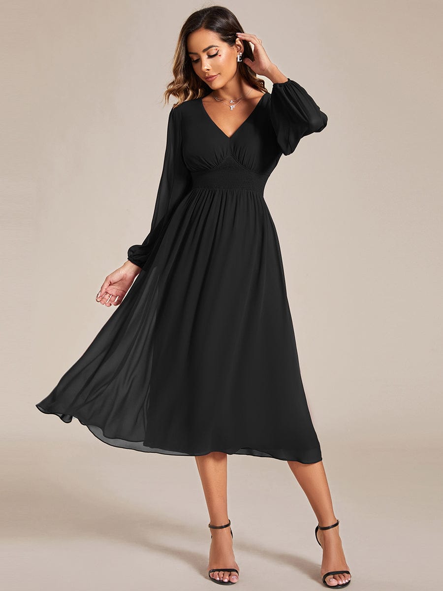 Chiffon V-Neck Long Sleeves Elastic Band Midi Wedding Guest Dress #color_Black