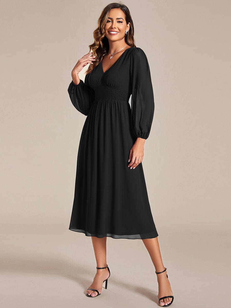 Chiffon V-Neck Long Sleeves Elastic Band Midi Wedding Guest Dress #color_Black