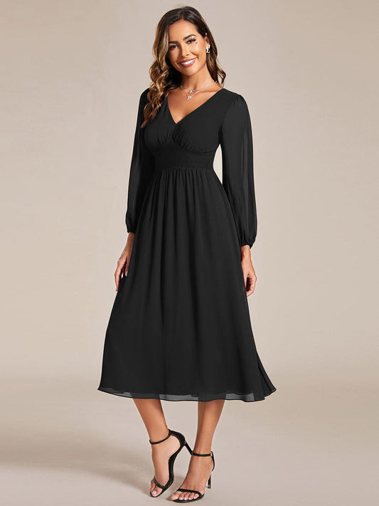 Chiffon V-Neck Long Sleeves Elastic Band Midi Wedding Guest Dress #color_Black