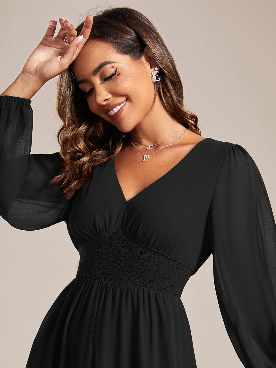 Chiffon V-Neck Long Sleeves Elastic Band Midi Wedding Guest Dress #color_Black