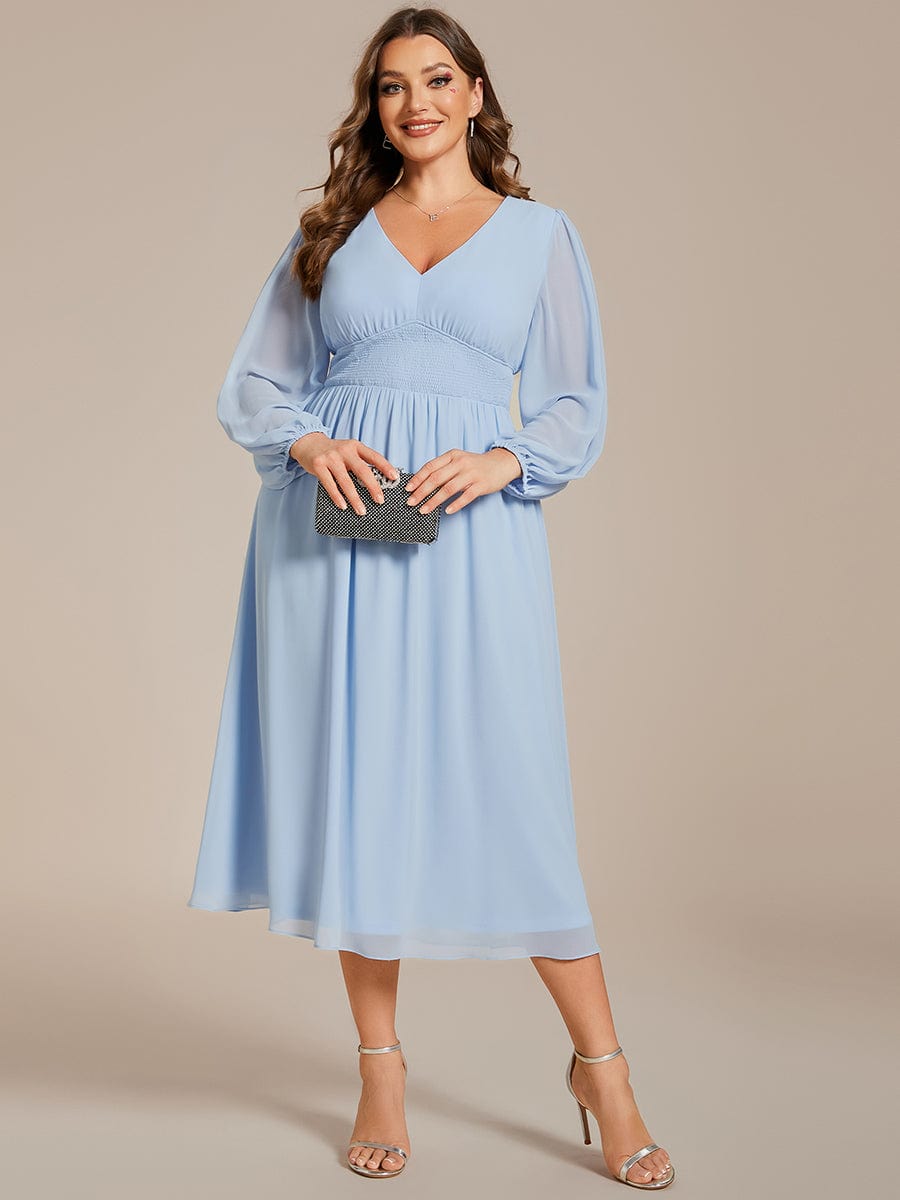 Plus Size Flowy Long Sleeves V-Neck Midi Chiffon Wedding Guest Dress #color_Ice Blue