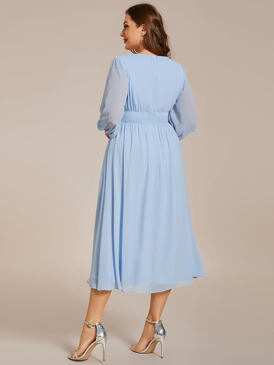 Chiffon V-Neck Long Sleeves Elastic Band Midi Wedding Guest Dress #color_Ice Blue