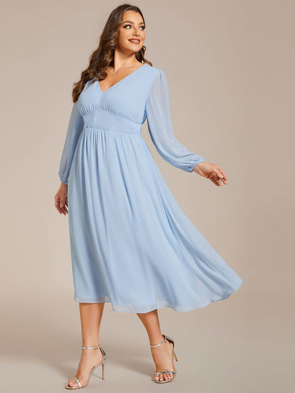 Chiffon V-Neck Long Sleeves Elastic Band Midi Wedding Guest Dress #color_Ice Blue