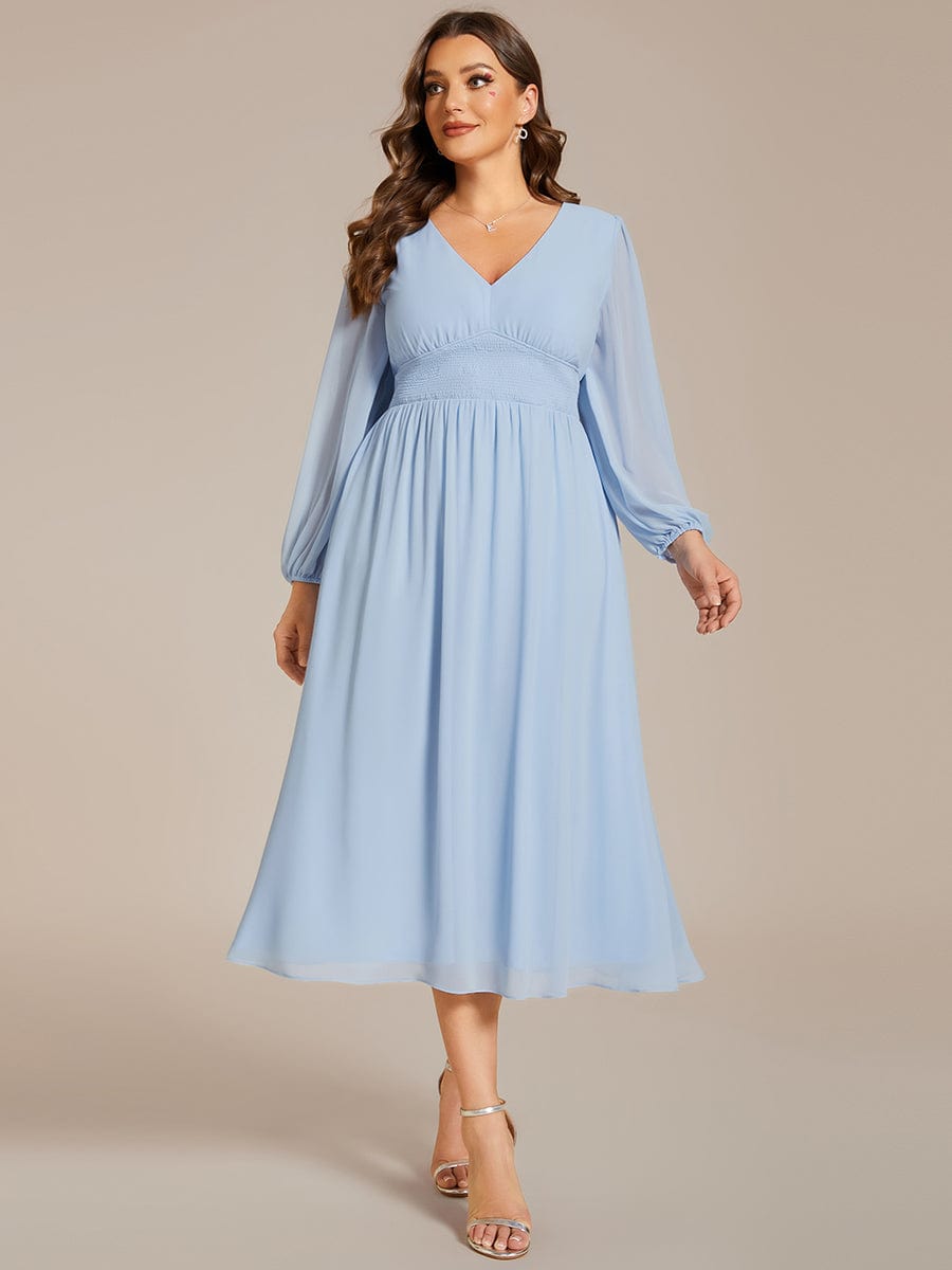 Plus Size Flowy Long Sleeves V-Neck Midi Chiffon Wedding Guest Dress #color_Ice Blue