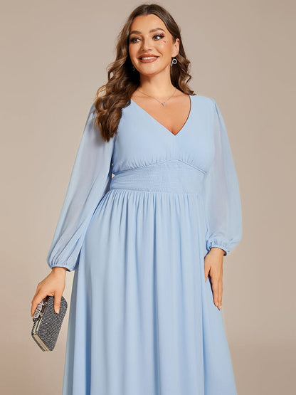 Chiffon V-Neck Long Sleeves Elastic Band Midi Wedding Guest Dress #color_Ice Blue