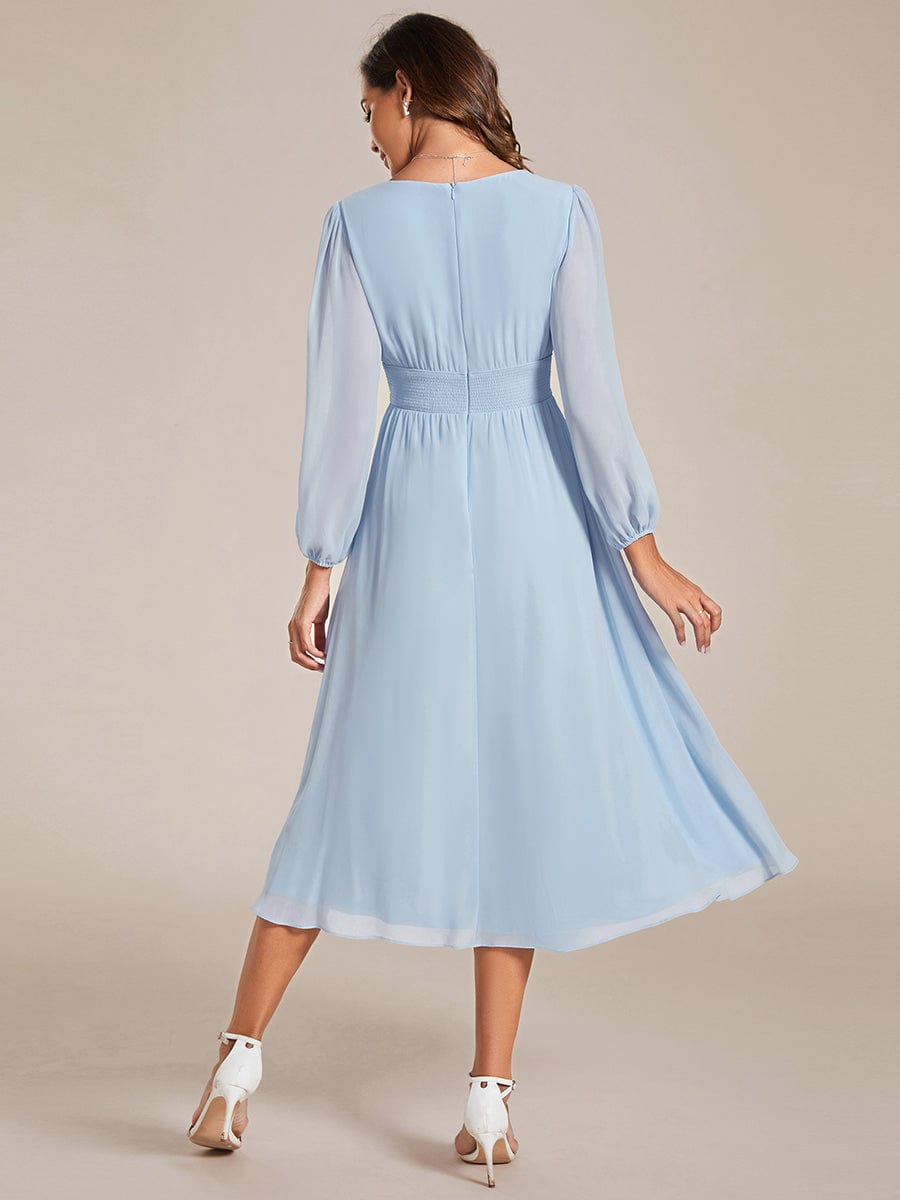 Chiffon V-Neck Long Sleeves Elastic Band Midi Wedding Guest Dress #color_Ice Blue