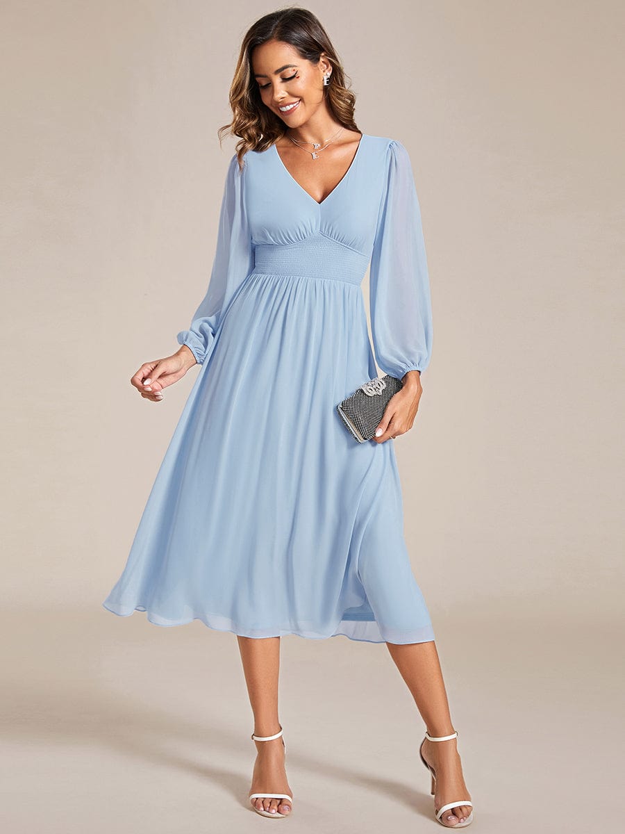 Chiffon V-Neck Long Sleeves Elastic Band Midi Wedding Guest Dress #color_Ice Blue