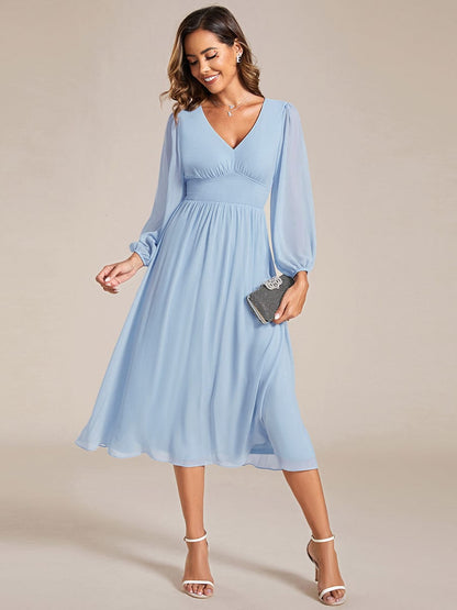 Chiffon V-Neck Long Sleeves Elastic Band Midi Wedding Guest Dress #color_Ice Blue