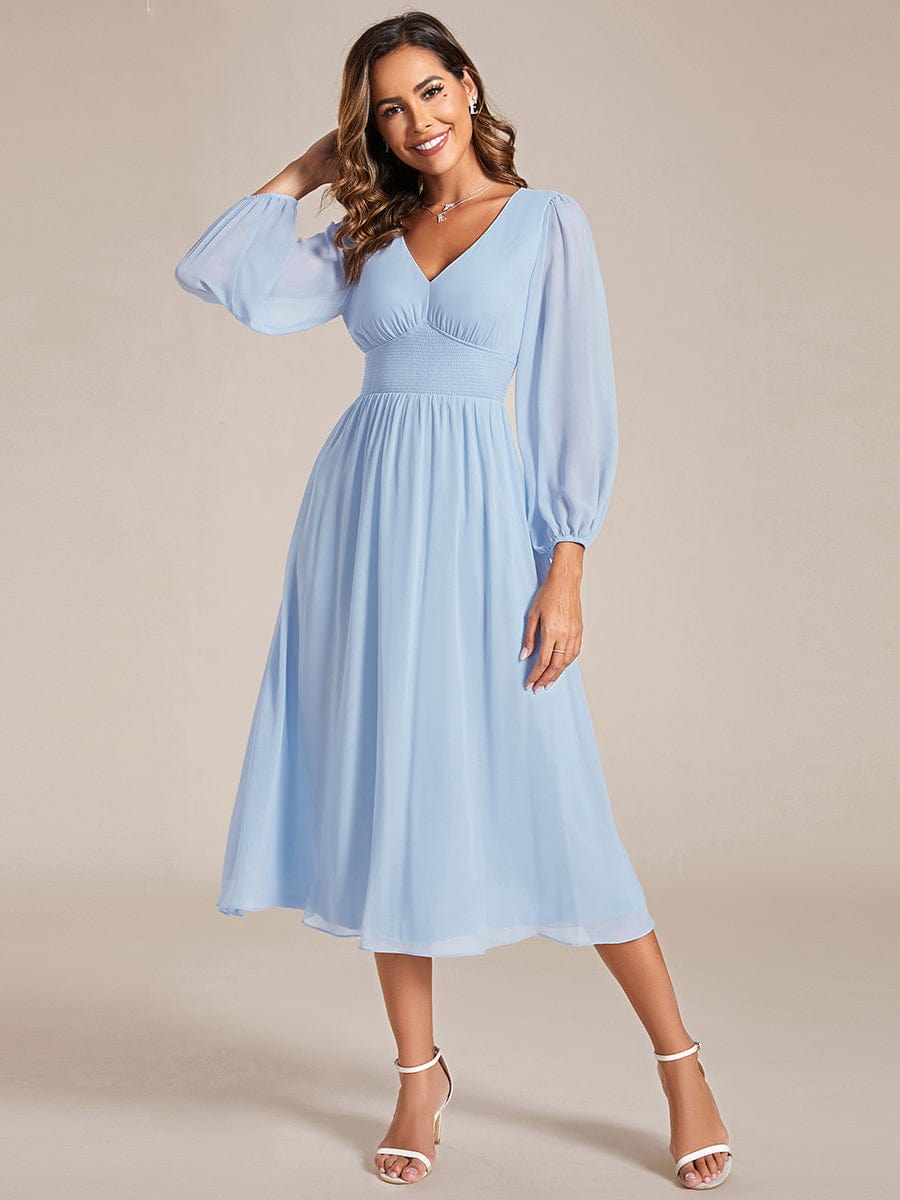 Chiffon V-Neck Long Sleeves Elastic Band Midi Wedding Guest Dress #color_Ice Blue