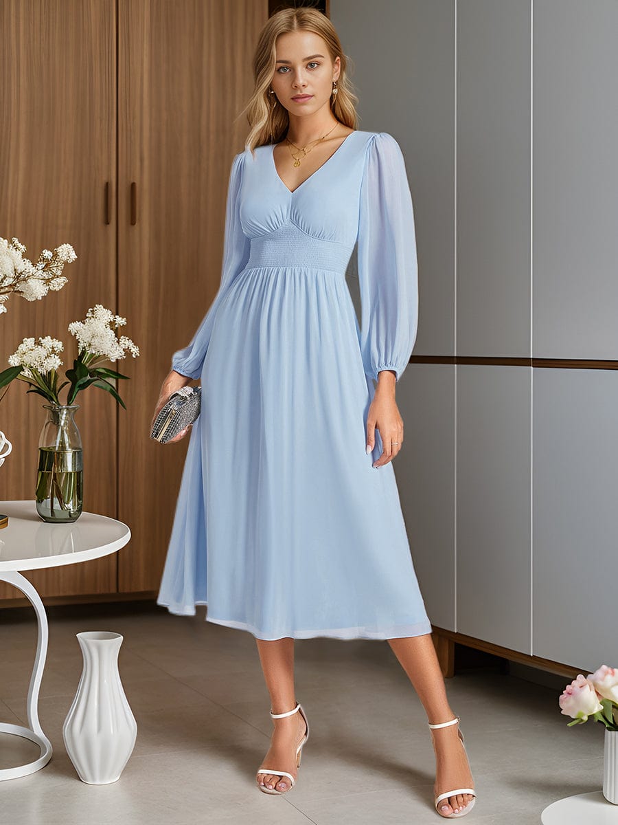 Chiffon V-Neck Long Sleeves Elastic Band Midi Wedding Guest Dress #color_Ice Blue